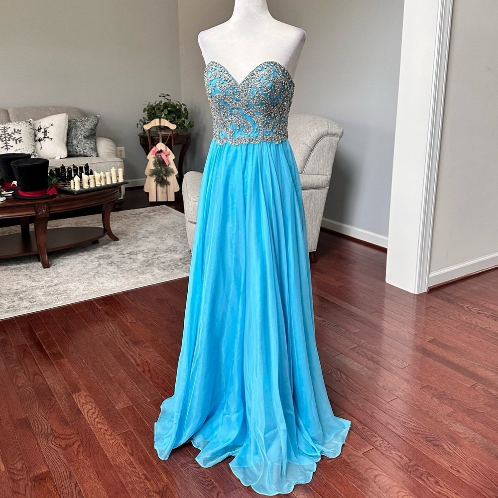 Tiffany Designs Sky Blue Silver Embellished Strapless Princess Gown Dress Size 0